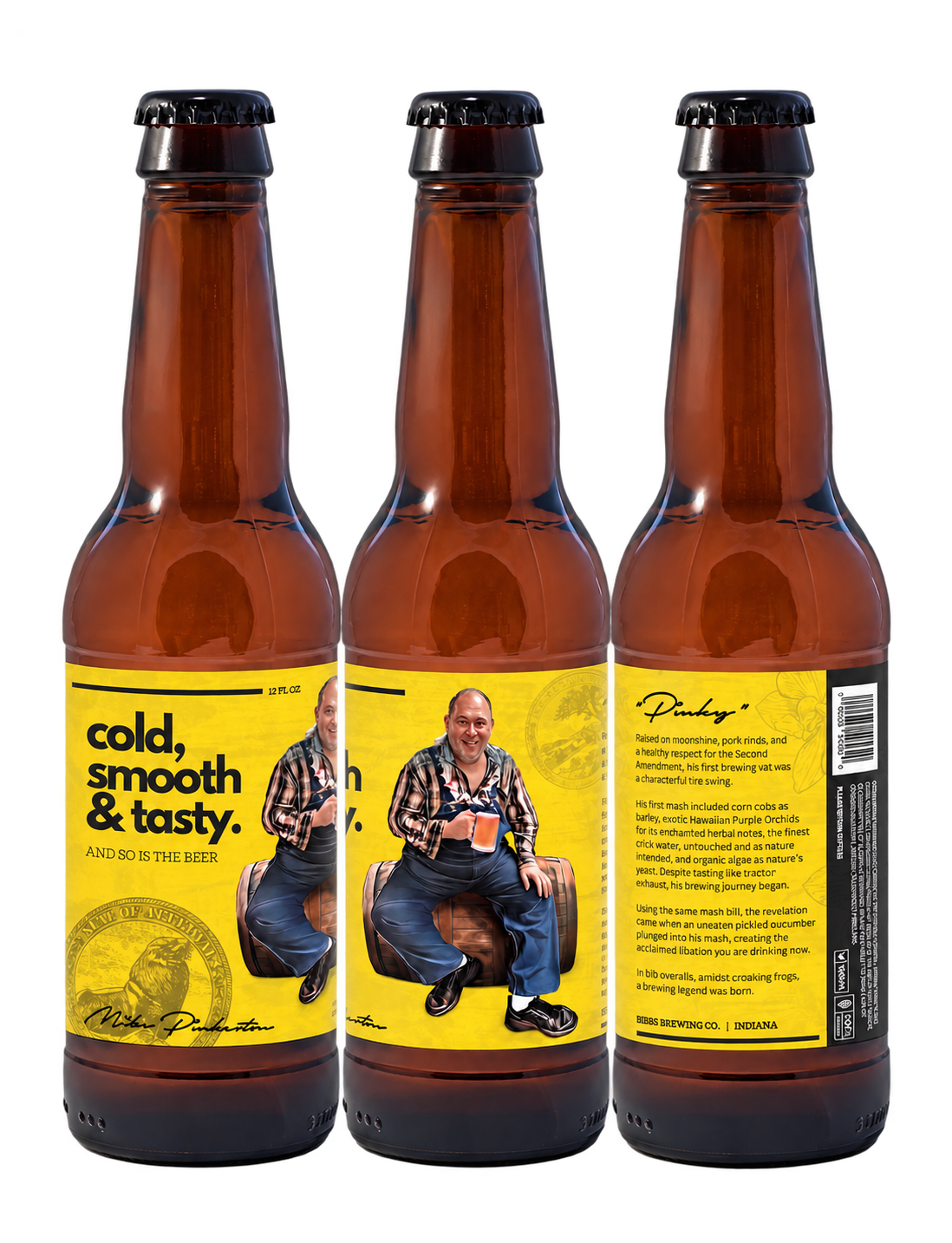 Three amber bottles showing the illustrated yellow Bibbs Brewing Co. label.