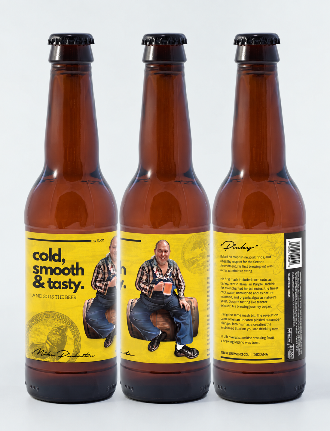 Three amber bottles showing the corrected yellow Bibbs Brewing Co. label from the headline, Mike illustration, and Pinky backstory sides.