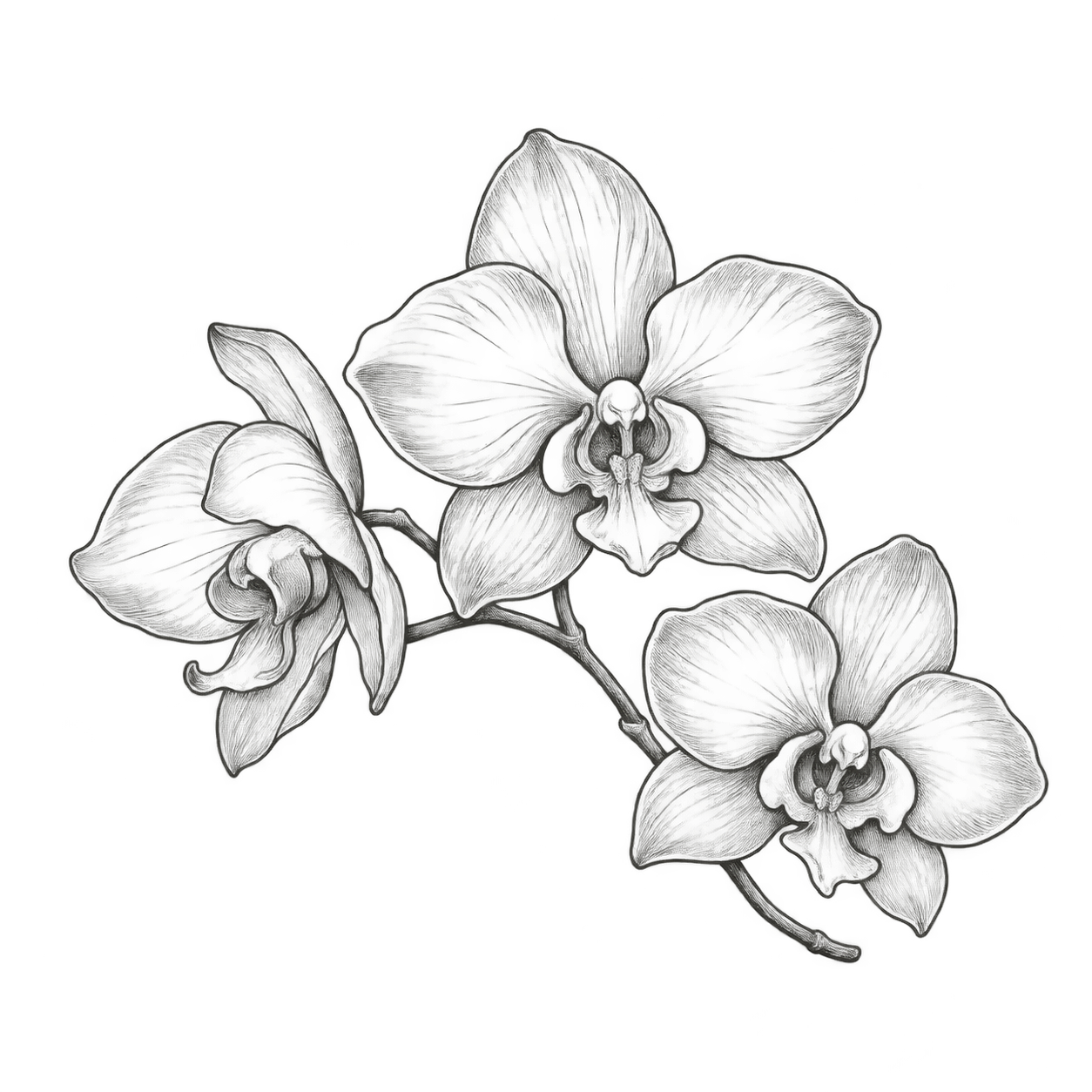 An engraved orchid stem with open blossoms.
